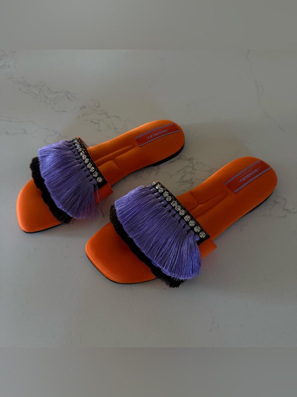 LA DoubleJ Orange and Purple Fringe Crystal Slide Sandals